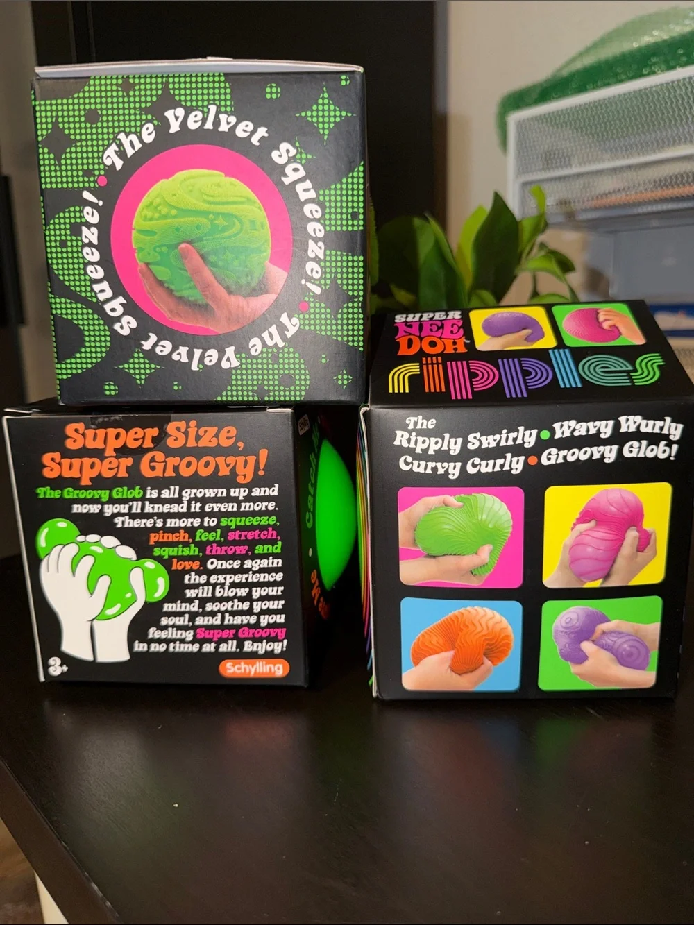 THREE Schylling Super NeeDohs Green Ripples, Groovy Glob & Fuzz Ball Authentic